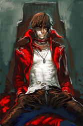 Rule 34 | 1boy, belt, belt buckle, brown hair, buckle, closed mouth, clothes writing, coat, covered abs, duplicate, hands in pockets, jeffr, jewelry, male focus, necklace, open clothes, open coat, original, painterly, pixel-perfect duplicate, red coat, red eyes, scar, scar on face, scar on mouth, shirt, sitting, solo, spread legs, throne, toned, toned male, torn clothes, torn shirt, white shirt, zipper, zipper pull tab