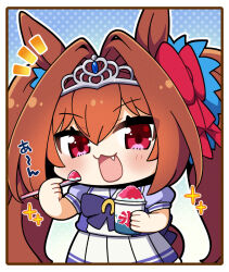 Rule 34 | 1girl, animal ears, blue gemstone, border, bow, bowtie, brown border, chibi, commentary request, cowboy shot, cup, daiwa scarlet (umamusume), disposable cup, eating, fang, food, gem, hair between eyes, hair bow, hair intakes, highres, holding, holding cup, horse ears, horse girl, long hair, looking at viewer, notice lines, open mouth, outline, pleated skirt, plover, polka dot, polka dot background, purple bow, purple bowtie, purple shirt, red bow, sailor collar, sailor shirt, school uniform, shaved ice, shirt, skirt, solo, sparkle, summer uniform, tail, tiara, tracen school uniform, twintails, umamusume, very long hair, waist bow, white sailor collar, white skirt
