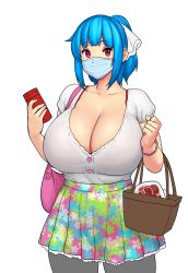Rule 34 | 1girl, bag, basket, black pantyhose, blue hair, breasts, cleavage, curvy, deodorant, erkaz, floral print, food, handbag, highres, huge breasts, looking at viewer, mask, meat, mouth mask, original, pantyhose, red eyes, rina atherina, shopping, shopping basket, skirt, solo, standing, unfinished, white background
