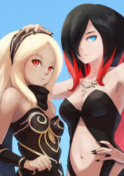 Rule 34 | 2girls, arm up, armpits, bare shoulders, black hair, black hairband, black leotard, black nails, black scarf, blonde hair, blue background, blue eyes, breasts, cleavage, clenched hand, clothing cutout, crow (gravity daze), dark-skinned female, dark skin, gravity daze, hairband, hand on another&#039;s head, hand on own hip, headpat, highres, kitten (gravity daze), leotard, long hair, long scarf, midriff, multicolored hair, multiple girls, nail polish, navel, open mouth, parted lips, red eyes, red hair, scarf, short hair, simple background, sktkhr, stomach cutout, tan, tattoo, teeth, two-tone hair