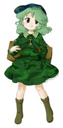 Rule 34 | 1girl, :d, arm behind back, blue hat, boots, brown footwear, frilled shirt collar, frills, green eyes, green hair, green shirt, green skirt, hat, key, legs apart, long sleeves, looking at viewer, nonamejd, official style, open mouth, shirt, simple background, skirt, smile, solo, standing, touhou, white background, yamashiro takane, zun (style)