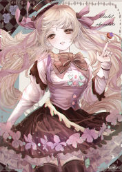 1girl absurdres artist_name black_skirt black_thighhighs blonde_hair bow bowtie brown_eyes dress_shirt floating_hair flower grey_bow grey_bowtie highres komorihikki lolita_fashion long_hair long_sleeves looking_at_viewer miniskirt nail_polish open_mouth original pleated_skirt purple_nails shirt skirt solo striped_clothes striped_thighhighs thighhighs underbust vertical-striped_clothes vertical-striped_thighhighs very_long_hair violet_(flower) white_shirt zettai_ryouiki