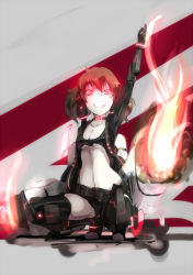 Rule 34 | 1girl, arm up, bad id, bad pixiv id, belt, choker, female focus, fire, glowing, glowing eyes, grin, highres, midriff, navel, ogipote, original, red hair, short hair, shorts, smile, solo, sports bra, squatting, thighhighs, twintails