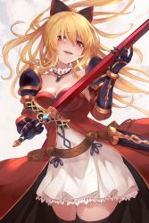 Rule 34 | 1girl, absurdres, armor, black thighhighs, blonde hair, bow, breasts, cleavage, cowboy shot, crazy smile, detached collar, diieru, dress, female focus, gauntlets, granblue fantasy, hair between eyes, hair bow, highres, holding, holding sword, holding weapon, long hair, looking at viewer, medium breasts, open mouth, ponytail, red dress, red eyes, sheath, shoulder armor, smile, solo, standing, sword, thighhighs, vira (granblue fantasy), weapon, white background