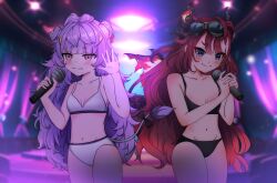 Rule 34 | 2girls, absurdres, belly, black bra, black panties, blush, blush stickers, bra, breasts, commission, cow horns, cow tail, curtains, dragon horns, goggles, goggles on head, highres, holding, holding microphone, horns, karaoke, microphone, multicolored hair, multiple girls, music, muu muyu, navel, neon lights, panties, phase connect, purple hair, red hair, saya sairroxs, shironomi, singing, small breasts, stage, stage lights, standing, tail, thighs, underwear, underwear only, virtual youtuber, white bra, white panties, wings