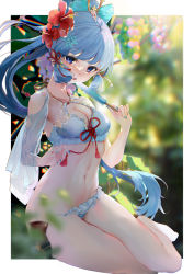Rule 34 | 1girl, :o, absurdres, ayaka (genshin impact), bare legs, barefoot, bikini, blue bikini, blue eyes, blue hair, blunt bangs, blurry, blurry background, border, breasts, cleavage, eggs zero, flower, food, full body, genshin impact, hair flower, hair ornament, hand up, highres, hime cut, holding, long hair, looking at viewer, medium breasts, nail, nail polish, navel, panties, plant, ponytail, popsicle, popsicle stick, pottery, red ribbon, ribbon, side-tie panties, sitting, swimsuit, thighs, underwear, undressing, untied panties, white border