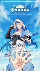Rule 34 | 1boy, 1other, black gloves, blue hair, blue sky, bracelet, capelet, command spell, cu chulainn (caster) (fate), cu chulainn (fate), dated, earrings, elbow gloves, english text, fate/grand order, fate (series), fgo moyashi, fingerless gloves, fur-trimmed hood, fur trim, gloves, highres, hood, hood up, hooded capelet, jewelry, long hair, looking at viewer, male focus, outdoors, red eyes, ring, signature, sky, smile, solo focus