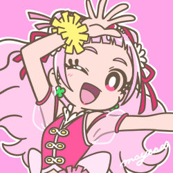 Rule 34 | 1girl, ;d, arm up, asymmetrical bangs, blush, bright pupils, clover earrings, cone hair bun, cure yell, detached sleeves, double bun, earrings, eyelashes, flower, hair bun, hair flower, hair ornament, hair ribbon, highres, hugtto! precure, jewelry, lipstick, long hair, looking at viewer, magical girl, makeup, mayena, nono hana, one eye closed, open mouth, outline, pink background, pink eyes, pink hair, pink lips, precure, ribbon, see-through, see-through sleeves, short sleeves, signature, simple background, smile, solo, upper body, white outline, white pupils