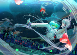 Rule 34 | 1girl, absurdres, bracelet, commentary, dress, fish, fishbowl, from side, goldfish, green eyes, grey hair, hair rings, highres, holding, island, jamjar77, jewelry, long hair, luo tianyi, motion blur, palm tree, shoes, sneakers, tree, twintails, underwater, underwater city, very long hair, vocaloid, vsinger, white dress