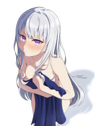 Rule 34 | 1girl, :t, blush, breasts, collarbone, commentary request, covering privates, covering breasts, euphyllia magenta, grey hair, highres, long hair, looking at viewer, medium breasts, nude, pout, purple eyes, shadow, shimuro, signature, simple background, solo, tensei oujo to tensai reijou no mahou kakumei, very long hair, white background