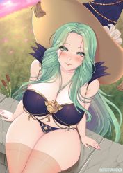 Rule 34 | 1girl, absurdres, alternate costume, arm support, bare shoulders, blush, breasts, cleavage, costume, cryptid crab, curvy, female focus, fire emblem, fire emblem: three houses, from above, green eyes, green hair, halloween, halloween costume, hat, highres, large breasts, long hair, looking at viewer, matching hair/eyes, nail polish, navel, nintendo, official alternate costume, rhea (fire emblem), sitting, smile, thick thighs, thighhighs, thighs, twitter username, very long hair, white nails, witch hat