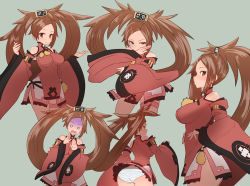 Rule 34 | 1girl, bare shoulders, breasts, brown eyes, brown hair, china dress, chinese clothes, commentary, detached sleeves, dress, fighting stance, guilty gear, hair rings, highres, impossible clothes, impossible dress, kuradoberi jam, large breasts, long hair, solo, sumiyao (amam), very long hair, wide sleeves