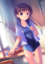 Rule 34 | 1girl, blue one-piece swimsuit, blush, brown hair, chair, classroom, commentary request, curtains, desk, highres, indoors, long hair, looking at viewer, new school swimsuit, no pants, one-piece swimsuit, one side up, open mouth, original, purple eyes, sailor collar, school, school desk, school swimsuit, school uniform, serafuku, solo, standing, swimsuit, swimsuit under clothes, takoyaki (roast), undressing, window