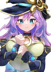Rule 34 | 1girl, bare shoulders, black sleeves, blue eyes, blush, breasts, commission, duel monster, hat, highres, long hair, long sleeves, medium breasts, nightmare apprentice, purple hair, shiroue tomari, shirt, simple background, skeb commission, solo, strapless, upper body, white background, witch hat, yellow shirt, yu-gi-oh!