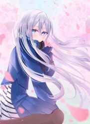 Rule 34 | 1girl, absurdres, black pantyhose, blue eyes, blue jacket, blue skirt, blurry, blurry foreground, cherry blossoms, commentary request, day, feet out of frame, floating hair, from side, grey hair, hair between eyes, headphones, headphones around neck, highres, howless, jacket, long hair, long sleeves, looking at viewer, looking to the side, outdoors, pantyhose, pleated skirt, project sekai, sitting, skirt, solo, very long hair, wariza, yoisaki kanade