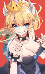 Rule 34 | 1girl, absurdres, armlet, bad id, bad pixiv id, bare shoulders, black collar, black dress, black nails, blonde hair, blue eyes, blue gemstone, bowsette, bracelet, breasts, brooch, cleavage, collar, collarbone, commentary request, crown, dress, earrings, fingernails, gem, hands up, highres, horns, jewelry, large breasts, long hair, looking at viewer, mario (series), nail polish, new super mario bros. u deluxe, nintendo, paw pose, pointy ears, ponytail, red background, ringed eyes, sharp fingernails, sharp teeth, shell, sidelocks, simple background, smoke, solo, spiked armlet, spiked bracelet, spiked collar, spiked shell, spikes, standing, strapless, strapless dress, super crown, teeth, thick eyebrows, turtle shell, yanggang