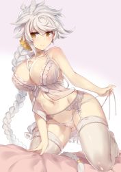 Rule 34 | 1girl, asymmetrical hair, babydoll, bad id, bad pixiv id, bare shoulders, bell, blush, braid, breasts, cleavage, collar, covered erect nipples, garter belt, hair between eyes, jitome, kantai collection, kneeling, lace, large breasts, lingerie, long hair, looking at viewer, navel, neck bell, on bed, panties, pokoten (pokoten718), scrunchie, see-through, side-tie panties, silver hair, single braid, smile, solo, thighhighs, underwear, unryuu (kancolle), very long hair, wavy hair, white thighhighs, yellow eyes