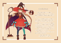 Rule 34 | 1girl, asymmetrical legwear, broom, brown hair, green eyes, hat, hiragi rin, long hair, looking at viewer, pantyhose, pixiv fantasia, pixiv fantasia t, simple background, smile, solo, staff, thighhighs, translation request, uneven legwear, witch hat