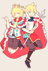 Rule 34 | 2boys, armor, blonde hair, blue eyes, cape, crown, death should not have taken thee! (vocaloid), gender request, genderswap, hair ornament, hairclip, jumping, kagamine len, kagamine rin, knight, multiple boys, one eye closed, open mouth, pink background, polearm, ponytail, saya556, shorts, simple background, smile, spear, sweatdrop, tongue, tongue out, vocaloid, weapon, wink