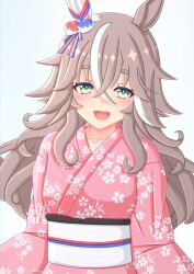 Rule 34 | 1girl, 2-butani, absurdres, alternate costume, animal ears, blush, breasts, collarbone, commentary, grey hair, hair between eyes, hair ornament, highres, horse ears, horse girl, japanese clothes, kimono, long hair, looking at viewer, open mouth, sash, small breasts, solo, thick eyebrows, umamusume, white background, wonder acute (umamusume), yukata