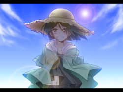 Rule 34 | 1boy, androgynous, bad id, bad pixiv id, black eyes, black hair, cloud, day, fate/zero, fate (series), hat, hood, hoodie, lens flare, letterboxed, male focus, matsuzono, sky, solo, sun hat, trap, waver velvet