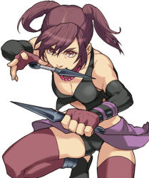 Rule 34 | 1girl, alternate costume, arm support, bad id, bad pixiv id, bare shoulders, bike shorts, breasts, brown eyes, brown hair, cleavage, dagger, elbow gloves, female focus, fingerless gloves, gloves, jewelry, knife, kunai, kunoichi (sengoku musou), large breasts, long hair, lowres, mouth hold, muscular, necklace, ninja, sengoku musou, short twintails, solo, thighhighs, twintails, weapon, yukitada