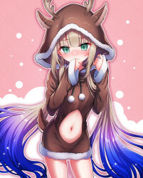 Rule 34 | 1boy, animal costume, animal hood, antlers, blue hair, blush, captain nemo (fate), clothing cutout, fake antlers, fake tail, fate/grand order, fate (series), gradient hair, green eyes, highres, hood, horns, light brown hair, long hair, long sleeves, male focus, multicolored hair, navel, nemo (fate), nose blush, onesie, reindeer antlers, reindeer costume, reindeer hood, shell ocean, solo, stomach cutout, tail, trap, twintails, very long hair