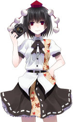 Rule 34 | 1girl, black hair, camera, crote, eyebrows, hand on own hip, highres, image sample, looking at viewer, pale skin, pixiv sample, red eyes, ribbon, shameimaru aya, short hair, simple background, skirt, smile, solo, touhou, white background