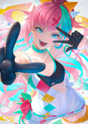 Rule 34 | 1girl, aqua hair, arm tattoo, backlighting, black gloves, blue eyes, blush, breasts, close-up, collar, collarbone, commentary request, diagonal bangs, double v, dress, foreshortening, gloves, hair ornament, half gloves, highres, imizu (nitro unknown), long hair, looking at viewer, medium breasts, multicolored hair, open mouth, pink hair, pinky pop hepburn, reaching, reaching towards viewer, ribbon-trimmed dress, single strap, solo, sports bra, tattoo, the moon studio, thigh strap, two-tone hair, v, v over eye, virtual youtuber, white dress, x hair ornament