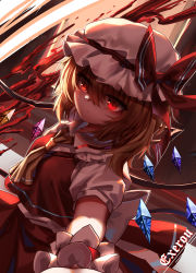Rule 34 | 1girl, absurdres, alternate hair color, arm up, artist name, ascot, back bow, blood, bow, breasts, brown ascot, brown hair, chinese commentary, closed mouth, collared shirt, commentary request, crystal, eyes visible through hair, flandre scarlet, floor, frilled shirt collar, frills, grey bow, grey hat, grey shirt, hair between eyes, hand up, hat, hat bow, highres, jewelry, light, looking to the side, medium breasts, mob cap, multicolored wings, one side up, pink sky, puffy short sleeves, puffy sleeves, red bow, red eyes, red skirt, red vest, shadow, shirt, short hair, short sleeves, skirt, sky, smile, solo, sunset, top-exerou, touhou, vest, wall, window, wings, wrist cuffs
