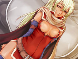 Rule 34 | 1girl, arm warmers, belt, blonde hair, boots, breasts, cape, cowboy shot, dark-skinned female, dark skin, dress, elbow gloves, expressionless, fire emblem, fire emblem: the binding blade, gloves, hechikanism, igrene (fire emblem), lowres, mole, mole under eye, nintendo, nipples, red dress, solo, thigh boots, thighhighs, yellow eyes, zoom layer