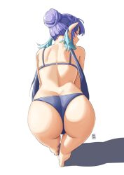 Rule 34 | 1girl, aqua hair, ass, ass focus, automatic giraffe, bare shoulders, barefoot, bikini, blue hair, come hither, from above, from behind, highres, huge ass, judith (tales), leaning, leaning forward, long hair, looking at viewer, looking back, low twintails, naughty face, purple eyes, smile, solo, swimsuit, tales of (series), tales of vesperia, thong, thong bikini, twintails, very long hair