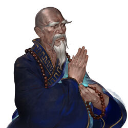Rule 34 | 1boy, bald, beads, beard, facial hair, hand up, highres, long sleeves, male focus, mustache, old, old man, prayer beads, ritsu hsiao, solo, tale of wuxia, thick eyebrows, white hair, wide sleeves