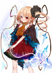 Rule 34 | 1girl, adapted costume, blonde hair, brooch, ascot, dress, flandre scarlet, gotou (nekocat), hair ornament, hair scrunchie, highres, jewelry, laevatein, long hair, looking at viewer, pointy ears, red dress, red eyes, scrunchie, short dress, solo, standing, touhou, wings