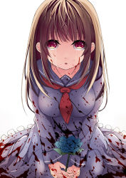 Rule 34 | 1girl, :o, blood, blood on clothes, blood on face, blue flower, blue sailor collar, blue serafuku, blue shirt, blue skirt, blush, breasts, brown hair, commentary request, creek (moon-sky), crying, crying with eyes open, flower, frilled skirt, frills, highres, holding, holding flower, long hair, long sleeves, looking at viewer, medium breasts, neckerchief, original, own hands together, parted lips, red eyes, red neckerchief, sailor collar, school uniform, serafuku, shirt, simple background, skirt, solo, tears, white background