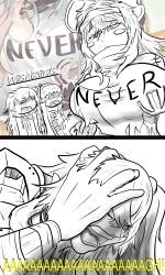 Rule 34 | 2koma, 3girls, absurdres, akira (manga), blush stickers, breast envy, breasts, closed mouth, collared shirt, comic, commentary, dead degenerate, english commentary, english text, g11 (girls&#039; frontline), girls&#039; frontline, hat, highres, jacket, large breasts, long hair, long sleeves, monochrome, multiple girls, necktie, one side up, open clothes, open jacket, open mouth, parody, shirt, shouting, st ar-15 (girls&#039; frontline), st ar-15 (mod3) (girls&#039; frontline), surprised, teeth, ump45 (girls&#039; frontline), ump45 (mod3) (girls&#039; frontline)
