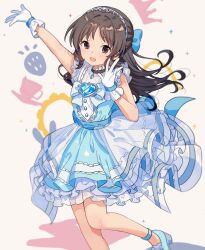 Rule 34 | 1girl, abstract background, ankleband, arm up, bare shoulders, black choker, blue bow, blue bowtie, blue brooch, blue dress, blue footwear, blue ribbon, blue wristband, blurry, blush, bow, bowtie, breasts, brooch, brown eyes, brown hair, choker, crown, cup, dot nose, dress, dress bow, food, frilled dress, frills, fruit, gloves, hair bow, hair ribbon, hand up, heart, heart brooch, high heels, highres, idolmaster, idolmaster cinderella girls, idolmaster cinderella girls starlight stage, idolmaster cinderella girls u149, jewelry, layered dress, long hair, looking at viewer, migolu, open hand, open mouth, ponytail, ribbon, saucer, sleeveless, sleeveless dress, small breasts, smile, solo, standing, standing on one leg, strawberry, tachibana arisu, teacup, tiara, white background, white gloves