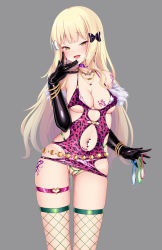 Rule 34 | 1girl, arm at side, black gloves, blonde hair, bow, breast tattoo, breasts, choker, cleavage, clothing cutout, condom, cowboy shot, dress, female focus, fishnets, fur-trimmed gloves, fur trim, gloves, grey background, hair bow, halter dress, halterneck, hand up, highleg, highleg panties, highres, holding, holding condom, jewelry, long hair, looking at viewer, medium breasts, multiple condoms, navel piercing, necklace, o-ring, o-ring choker, o-ring thigh strap, open mouth, panties, panty peek, pearl thong, piercing, princess connect!, puririn, pussy juice, revealing clothes, saren (princess connect!), side cutout, simple background, solo, standing, tattoo, thigh strap, thighhighs, underwear, used condom, yellow eyes
