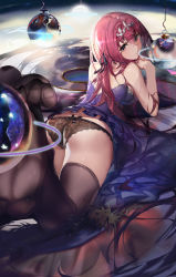 Rule 34 | 1girl, ass, bare shoulders, black panties, breasts, caster (lostbelt), commentary request, dress, fate/grand order, fate (series), foreshortening, hair between eyes, headpiece, highres, jewelry, large breasts, lingerie, long hair, looking back, lying, on stomach, orb, panties, pixiv fate/grand order contest 2, purple dress, purple hair, rabbit (tukenitian), red eyes, scathach (fate), scathach (fate), smile, solo, thighhighs, tiara, underwear