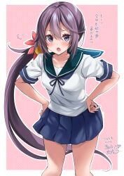 Rule 34 | 1girl, absurdres, akebono (kancolle), bell, blue skirt, blush, border, breasts, collarbone, commentary request, dated, feet out of frame, flower, green sailor collar, hair bell, hair flower, hair ornament, hands on own hips, highres, jingle bell, kantai collection, long hair, looking at viewer, low side ponytail, mashiro yukiya, medium breasts, neck ribbon, open mouth, outline, patterned background, pink background, pleated skirt, purple eyes, purple hair, ribbon, sailor collar, school uniform, serafuku, shirt, short sleeves, side ponytail, signature, simple background, skirt, standing, thighs, very long hair, white border, white outline, white shirt