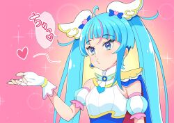 Rule 34 | 1girl, blowing kiss, blue cape, blue eyes, blue hair, brooch, cape, commentary, cure sky, cut bangs, detached sleeves, dress, ear cleaning, earrings, fingerless gloves, gloves, heart, hirogaru sky! precure, jewelry, kaatsu katsurou, long hair, looking to the side, magical girl, multicolored hair, parody, pink hair, precure, puckered lips, puffy detached sleeves, puffy sleeves, red cape, single earring, single sidelock, sleeveless, sleeveless dress, solo, sora harewataru, sousou no frieren, sparkle, streaked hair, translated, twintails, two-sided cape, two-sided fabric, white dress, white gloves, wing brooch, wing hair ornament