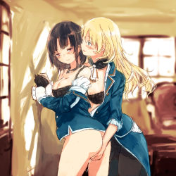 Rule 34 | 10s, 2girls, ascot, ass, atago (kancolle), bad id, bad pixiv id, bare shoulders, black bra, black hair, black legwear, blonde hair, blue eyes, blush, bottomless, bra, breasts, brown hair, chair, clothes down, desk, fingering, fingering from behind, kantai collection, large breasts, long hair, military, military uniform, multiple girls, naval uniform, nipples, no gloves, no headwear, open clothes, pantyhose, pussy juice, pussy juice trail, room, short hair, standing, syou (endemic species), takao (kancolle), unbuttoned, underwear, uniform, window, yuri