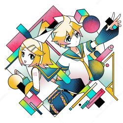 Rule 34 | 1boy, 1girl, aqua eyes, arm up, bare shoulders, blonde hair, blue sailor collar, blue sleeves, bright pupils, brother and sister, closed mouth, colored skin, detached sleeves, from side, hair ornament, hairclip, halftone, headphones, kagamine len, kagamine rin, long sleeves, looking at viewer, looking to the side, machigami yoh, necktie, number tattoo, open mouth, outside border, sailor collar, sailor shirt, shapes, shirt, short hair, short sleeves, siblings, sleeveless, sleeveless shirt, smile, tattoo, twins, upper body, very short hair, vocaloid, white background, white pupils, white skin, yellow necktie