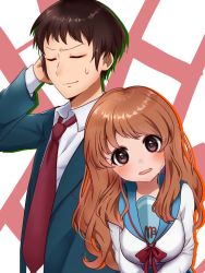 Rule 34 | 1boy, 1girl, asahina mikuru, blazer, blue sailor collar, blue skirt, blush, breasts, brown eyes, brown hair, closed eyes, closed mouth, commentary request, eyes visible through hair, green jacket, hand on own head, hand up, ikeda ikd, jacket, kita high school uniform, kyon, large breasts, long hair, long sleeves, necktie, open clothes, open jacket, open mouth, orange hair, red background, red necktie, red ribbon, ribbon, sailor collar, school uniform, serafuku, shirt, short hair, simple background, skirt, suzumiya haruhi no yuuutsu, sweatdrop, two-tone background, upper body, white background, white shirt
