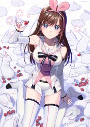 Rule 34 | + +, 1girl, alternate eye color, animal, arm at side, arm up, bare shoulders, black ribbon, blue eyes, breasts, brown hair, buttons, checkered floor, clothes writing, commentary, detached sleeves, eyelashes, floor, floral background, flower, food, from above, fruit, full body, hair ribbon, happy, highres, holding, holding food, holding fruit, kizuna ai, kizuna ai inc., knees out of frame, lace, lace-trimmed legwear, lace trim, large breasts, light particles, long hair, looking at viewer, looking up, multicolored eyes, multicolored hair, on floor, pink eyes, pink flower, pink hair, pink ribbon, rabbit, redbjelly, ribbon, sailor collar, shirt, shorts, sitting, sleeveless, sleeveless shirt, smile, solo, sparkle, straight hair, strawberry, streaked hair, striped clothes, striped thighhighs, symbol-only commentary, thighhighs, thighs, too many, too many rabbits, twitter username, two-tone hair, virtual youtuber, wariza, white sailor collar, white shorts, white thighhighs, yellow eyes