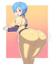 Rule 34 | 1girl, absurdres, ass, blue eyes, blue hair, blush, bodysuit, breasts, bulma, dragon ball, dragon ball super, dragon ball super super hero, from behind, highres, huge ass, iggybomb, jiggle, large breasts, leaning, leaning forward, looking at viewer, open mouth, shiny clothes, short hair, sideboob, skin tight, solo, thick thighs, thighs, wide hips