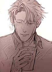 Rule 34 | 1boy, blush, collared shirt, cup, highres, holding, holding cup, jujutsu kaisen, lips, looking at viewer, male focus, nanami kento, nekonii, parted lips, shirt, short hair, sketch