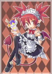 Rule 34 | 00s, 1girl, :p, alternate costume, apron, argyle, argyle background, argyle clothes, blush, brown background, demon girl, demon tail, demon wings, disgaea, enmaided, etna (disgaea), headdress, karina, maid, maid apron, maid headdress, makai senki disgaea, mary janes, pointy ears, prinny, red eyes, red hair, shoes, skull, tail, thighhighs, tongue, tongue out, wings