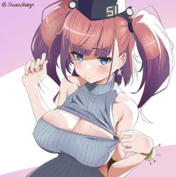 Rule 34 | 1girl, atlanta (kancolle), black hat, breasts, brown hair, cleavage, commentary request, earrings, garrison cap, grey eyes, grey sweater, hat, highres, jewelry, kantai collection, large breasts, liking, long hair, meme attire, one-hour drawing challenge, ribbed sweater, sleeveless, sleeveless sweater, solo, star (symbol), star earrings, sweater, twitter username, two side up, upper body, virgin killer sweater