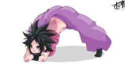 Rule 34 | 1girl, artist request, ass, black hair, breasts, caulifla, closed mouth, crossed arms, dragon ball, dragon ball super, flexible, full body, guilty gear, highres, jack-o&#039; challenge, looking at viewer, medium breasts, meme, pants, simple background, smile, solo, spiked hair, white background